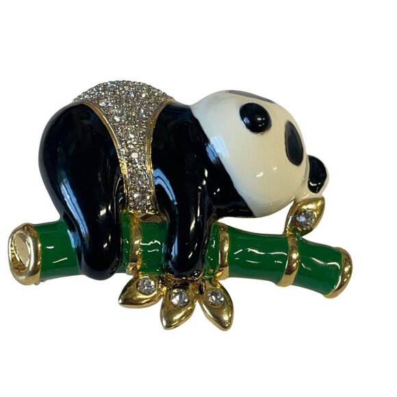Enamel Rhinestone Panda Brooch Pin With Green Bamboo Gold-Tone Accent Jewelry - Picture 3 of 4
